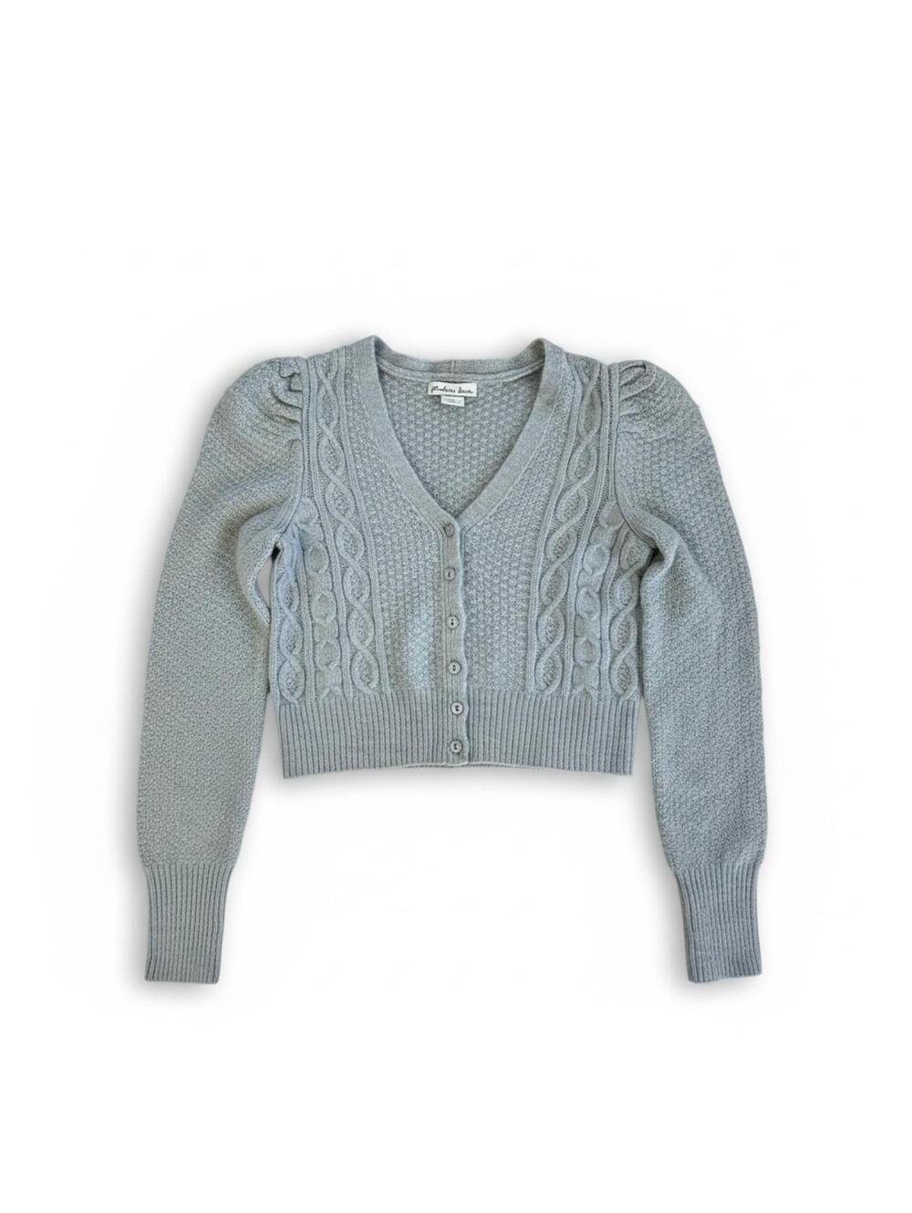 London Kaye Blue Cable Knit Cropped Cardigan Puff Shoulder L